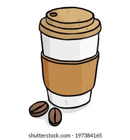 take away coffee cup and coffee beans / cartoon vector and illustration, hand drawn style, isolated on white background.