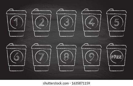 Take away coffee cup concept. Buy 9 cups and get 1 for free. Design element for promotion cafe card or loyalty voucher. Coffee to go icons isolated on chalkboard background. Vector illustration. 