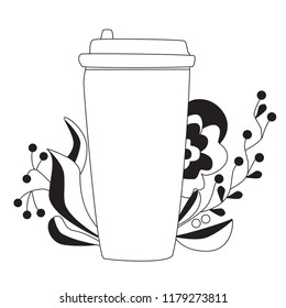 Take away coffee cup with copy space for text or logo. Artistic background with flourish graphic. Decorative template for flyer, poster, t-shirt design or blog. Line Art. Shop promotion motivation.