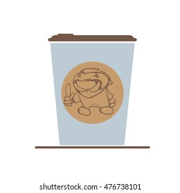 Take away coffee cup design with hand drawn cartoon happy man vector illustration