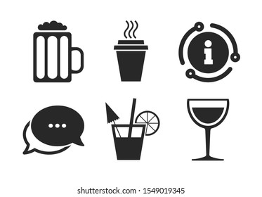 Take away coffee cup and glass of beer symbols. Chat, info sign. Drinks icons. Wine glass and cocktail signs. Classic style speech bubble icon. Vector