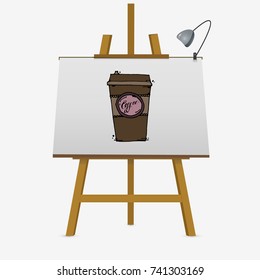 Take away coffee cup. Hand drawn vector stock illustration. On easel