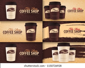 Take Away coffee cup with the hand-draw doodle elements on the background. Set of Coffee banners for ads