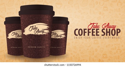 Take Away coffee cup with the hand-draw doodle elements on the background. Coffee banner for ads