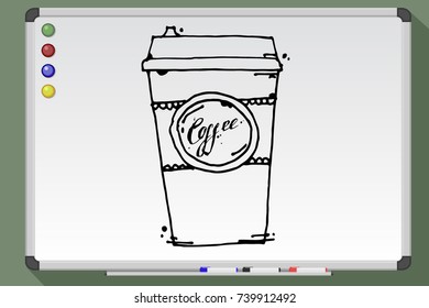 Take away coffee cup on whiteboard. Hand drawn vector stock illustration.