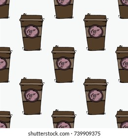 Take away coffee cup. Seamless background pattern. Hand drawn vector stock illustration.