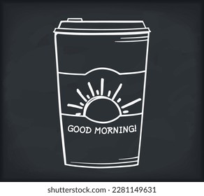 Take away coffee cup with the sun and good morning text, vector eps10 illustration