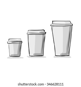 Take Away Coffee Cups, Sketch For Your Design. Vector Illustration