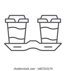 Take away coffee cups thin line icon, drink and caffeine, coffee tray sign, vector graphics, a linear pattern on a white background, eps 10.