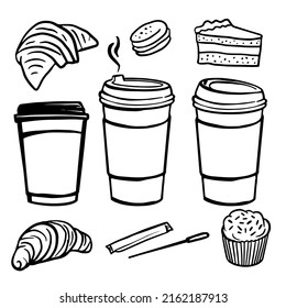 Take away coffee, coffee to go with sweets. Paper takeaway cup with plastic lid line vector illustration on white background. Сroissant, macaron, cheesecake, cupcake hand drawn illustrations.