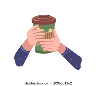 Take away coffee, hot beverage poured in paper or plastic cup. Isolated hands holding tasty drink with lid, chocolate or cappuccino, americano or espresso to go. Vector in flat cartoon style