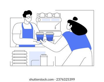 Sacar las ilustraciones de los vectores de dibujos animados aislados del café. Barista ofrece café de comida para llevar al cliente, un gran servicio al cliente, bebidas calientes por la mañana, dibujos animados vectores de pequeños negocios.