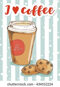Take away coffee mug with cookies on blue background; I love coffee print for notebook cover, posters, postcards; cute hand drawn vector illustration in sketch style