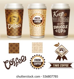 Take away coffee packaging template set with 3d paper cup and fresh coffee coffee store descriptions vector illustration