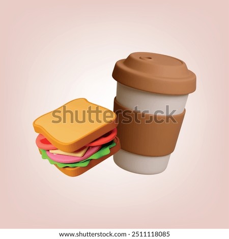 Take away coffee and sandwich. 3d food icons, tasty burger with cheese sausage and vegetables. Hot drink in to go mug, realistic vector elements