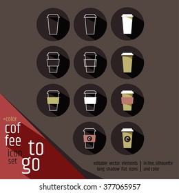 Take away coffee sign icon set. Hot coffee or tea cup. Circle flat button with shadow. Modern UI website navigation. Vector. Round flat design signs with long shadow.