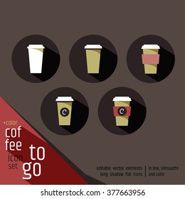 Take away coffee sign icon set. Hot coffee or tea cup. Circle flat button with shadow. Modern UI website navigation. Vector. Round flat design signs with long shadow.