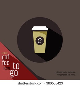Take away coffee sign icon. Hot coffee or tea cup. Circle flat button with shadow. Modern UI website navigation. Vector. Round flat design sign with long shadow.
