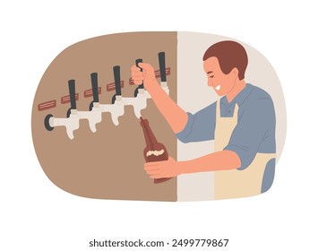 Llevar cerveza artesanal aislada Ilustraciones vectoriales de dibujos animados. Bartender vertiendo líquido en una botella, cerveza para llevar, negocio de cervecería, sector de servicios, profesional horeca personas Vector de dibujos animados.