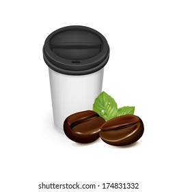 take away cup of coffee with coffee beans isolated
