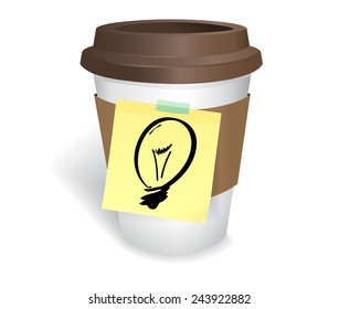 Take away a cup of coffee  and Stick with draw light bulb picture note on white background