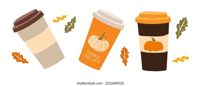 Take away cup set with autumn falling leaves. Pumpkin spice latte, coffee, hot drinks isolated on white background. Fall seasonal drink for menu, cafe, restaurant, farmer market, vegetarian recipe