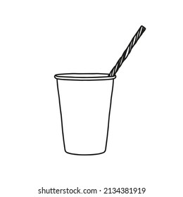 Take away cup with straw mockup. Linear, vector realistic. Outline stock illustration.