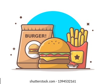 Take Away Delivery Cheese Burger French Fries And Sauce Vector Icon Illustration. Flat Cartoon Style Suitable For Web Landing Page,  Banner, Flyer, Sticker, Wallpaper, Card, Background