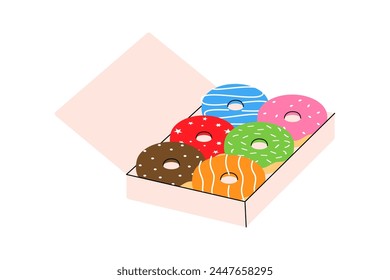 Take away donuts. Donuts box. Bakery sweet pastry food. Vector illustration.