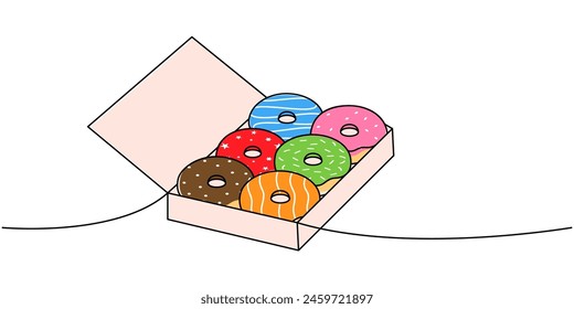 Take away donuts one line colored continuous drawing. Bakery sweet pastry food. Vector linear illustration.