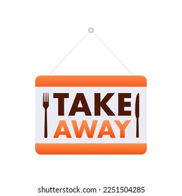 Take away door sign, label. Take out food icon. Vector stock illustration