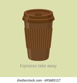 Take away espresso in perforated paper cup with plastic lid flat vector. Invigorating drink with caffeine. Modern disposable container for hot drinks carrying illustration for coffee house, cafe menu