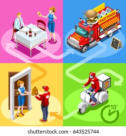 Take Away Fast Food Truck Van For Hamburger Fast Home Delivery Vector Infographic. Isometric People Delivery Man Guy Processing Online Order At The Client Customer Door Advertise Burger Illustration