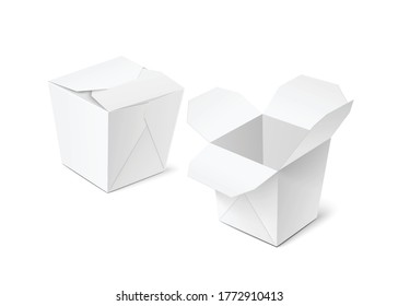 Take away food box or paper container template, realistic vector illustration isolated on white background. Mockup of two open and close packs for design presentation.