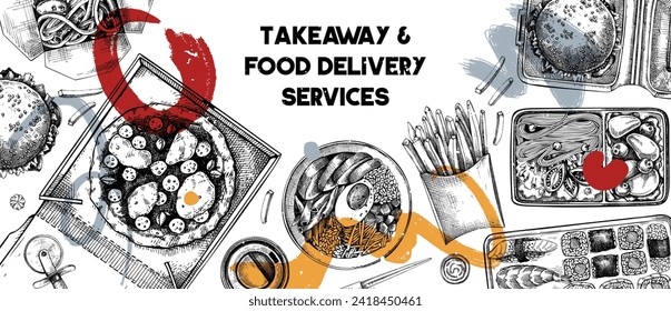 Take away food delivery banner. Hand-drawn vector illustration. Collage style background. Fast food menu design. Pizza, burger, coffee, noodles, poke, sushi sketch