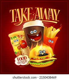 Take away food, food delivery poster, vector template with funny food