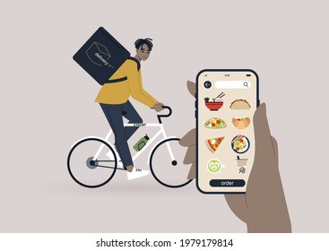 Take away food delivery service, a young male Black courier riding a bike