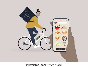 Take away food delivery service, a young female Asian courier riding a bike