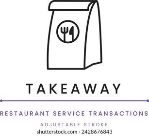 Take away food delivery service. paper bag with fork and knife minimalist line icon symbol.