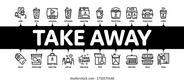 Take Away Food And Drink Delivery Minimal Infographic Web Banner Vector. Cooked Pizza And Chicken Box, Tea And Coffee Cup, Take Away Illustrations