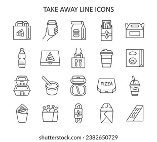 Take away food and drink line icon set. Fast food package. Delivery service vector collection with bottle, coffee cup, bag, pizza, packet, container. 