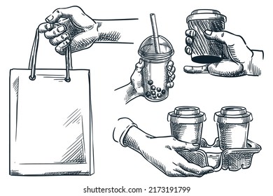 Take away food and drink packs set. Human hand holding cardboard coffee cups and paper bag. Food delivery service design element. Vector hand drawn sketch illustration of beverage and meal packages