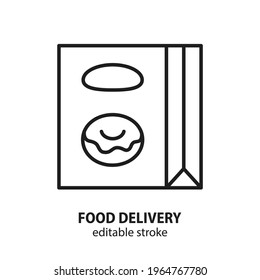 Take away food and drink thin line icon. Fast food package. Delivery service vector symbol. Editable stroke.