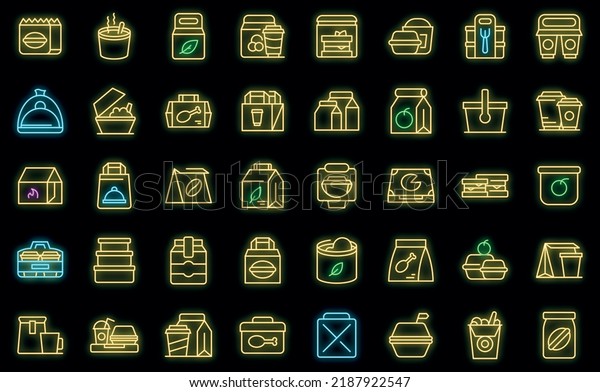Take away food and drinks icon.\
Outline take away food and drinks vector icon neon color on\
black