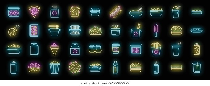 Take away food and drinks icons set outline vector. Burger cinema. Street food neon color on black