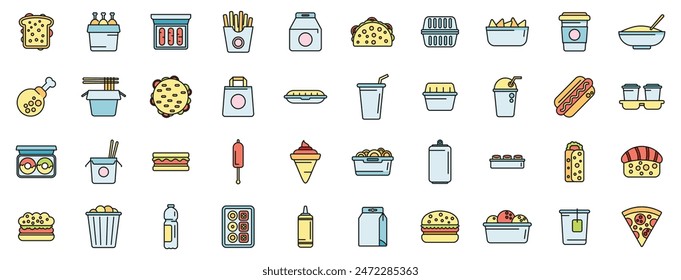 Take away food and drinks icons set outline vector. Burger cinema. Street food thin line color flat on white