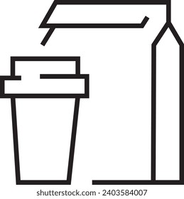 Take away food and drinks linear icon. Takeaway service, fast food retail symbols pack. Unhealthy nutrition. Lunch bags, coffee cups and breakfast containers thin line illustrations
