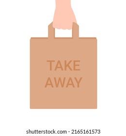 Take Away food eco paper bag in hand for delivery. Takeaway service. Pack with food for online fast delivery service. Vector illustration