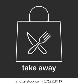 Take away food icon. Beverage and snack in paper bag . Restaurant delivery service logotype element. Safe, no contact, takeaway window poster.