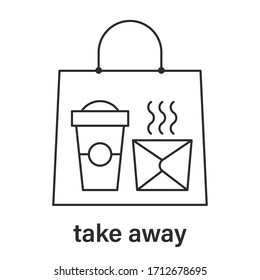 Take away food icon. Beverage and snack in paper bag . Restaurant delivery service logotype element. Safe, no contact, takeaway window poster.